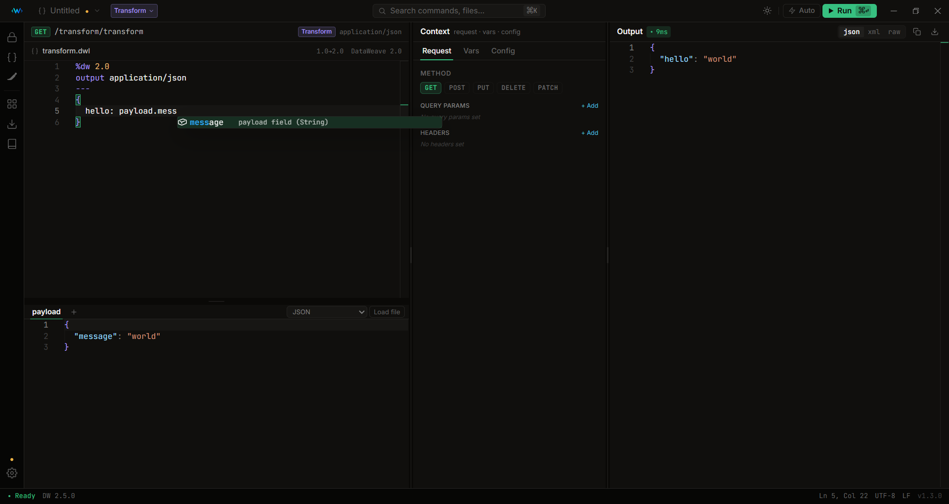 DataWeave Studio editor with autocomplete