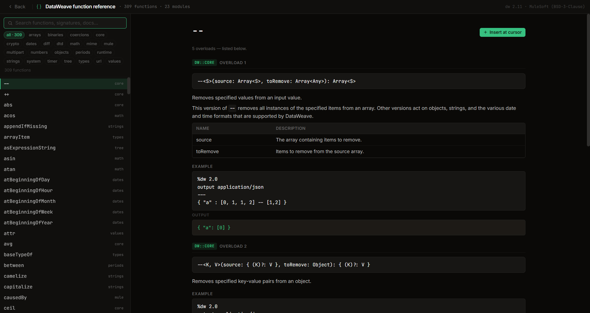 DataWeave function reference