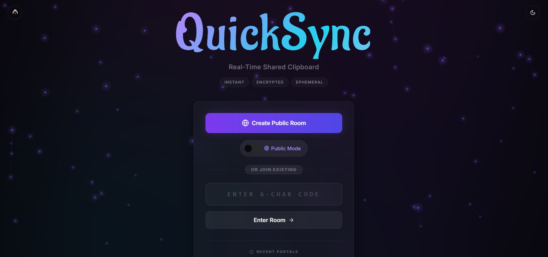Quick Sync home page — dark mode